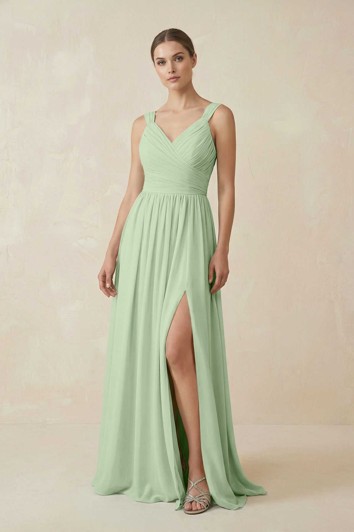 A-Line Pleated Chiffon Long Bridesmaid Dress in Sage, Sage / 6
