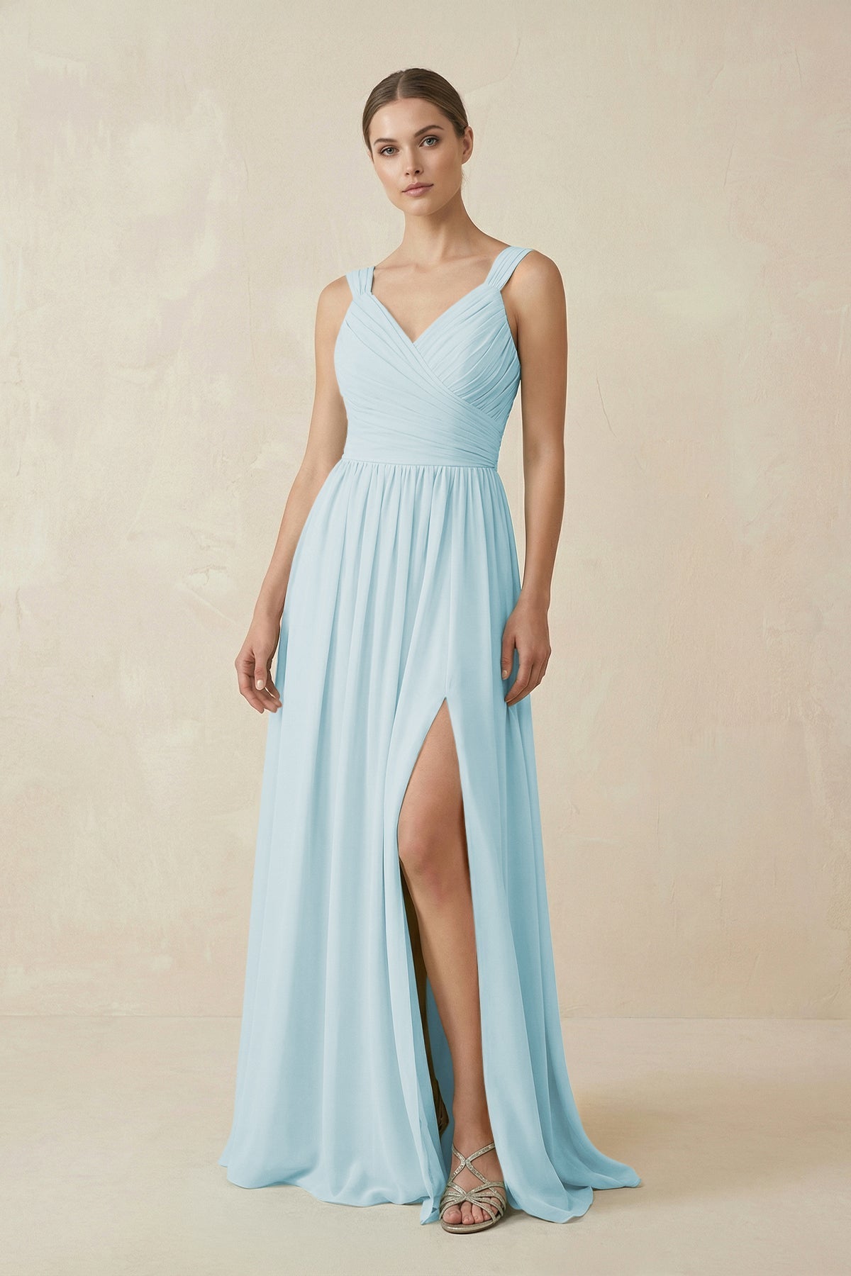 A-Line Pleated Chiffon Long Bridesmaid Dress in Sky Blue, Sky Blue / 2