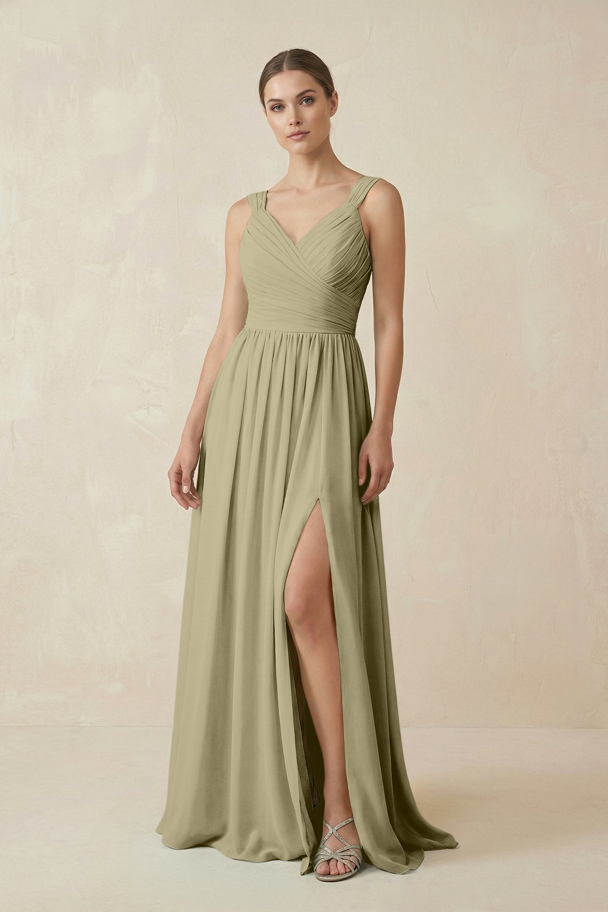 a line pleated chiffon floor length dress KissProm A-Line Long Bridesmaid in Thyme, Thyme / 6 evening party or other Size:US 10.5 Cravure Plus Size Solid loop-exchange-only