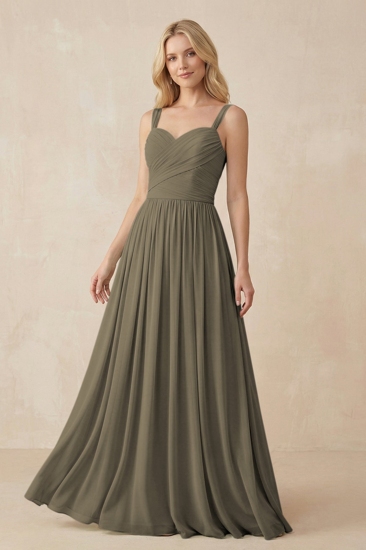 A-Line Pleated Long Chiffon Bridesmaid Dress in Willow Green, Willow Green / 22