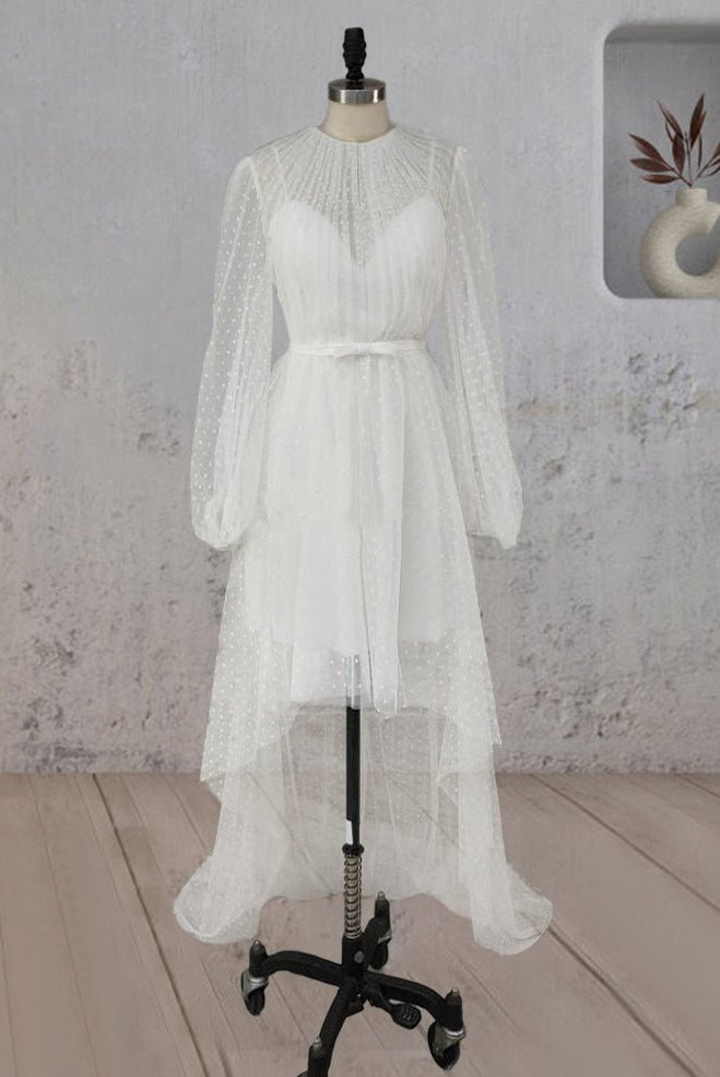 A-Line Polka Dot Illusion Charm Asymmetrical Wedding Dress