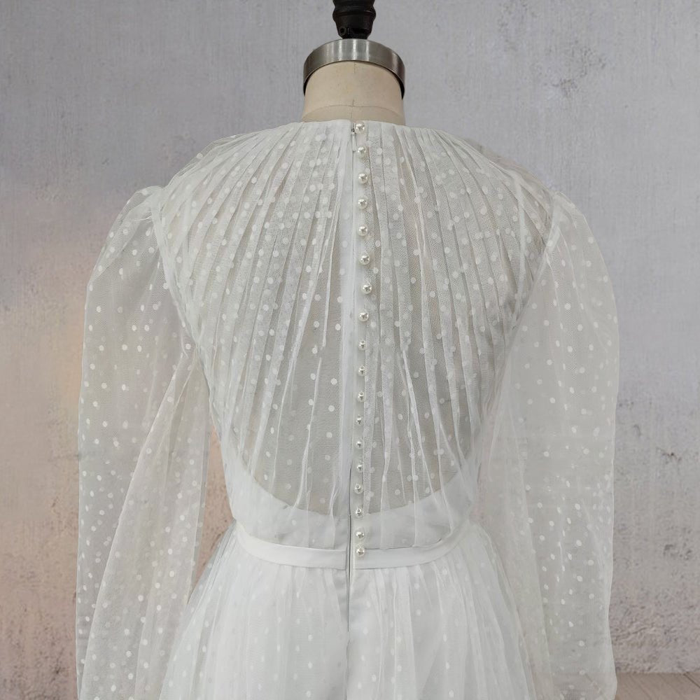 A-Line Polka Dot Illusion Charm Asymmetrical Wedding Dress