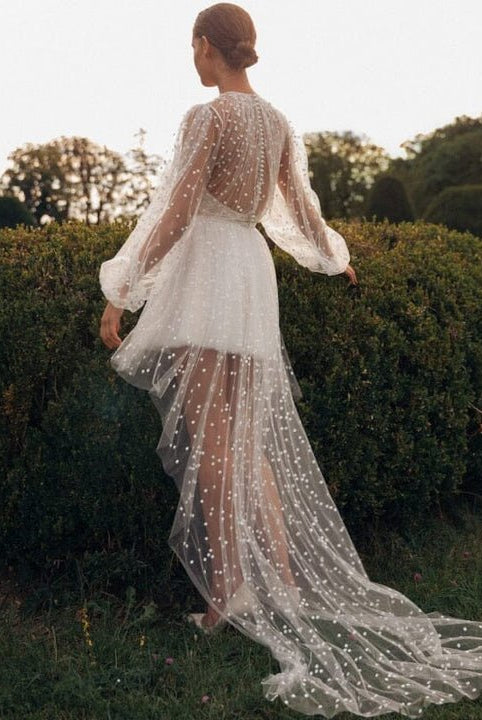 A-Line Polka Dot Illusion Charm Asymmetrical Wedding Dress