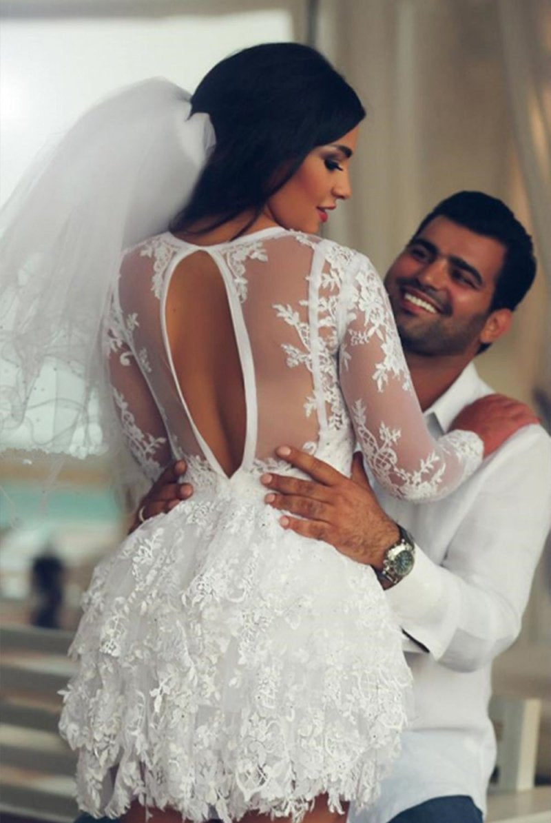 Fiorella | A-Line Scoop Lace Applique Long Sleeves Short-Mini Wedding Dresses