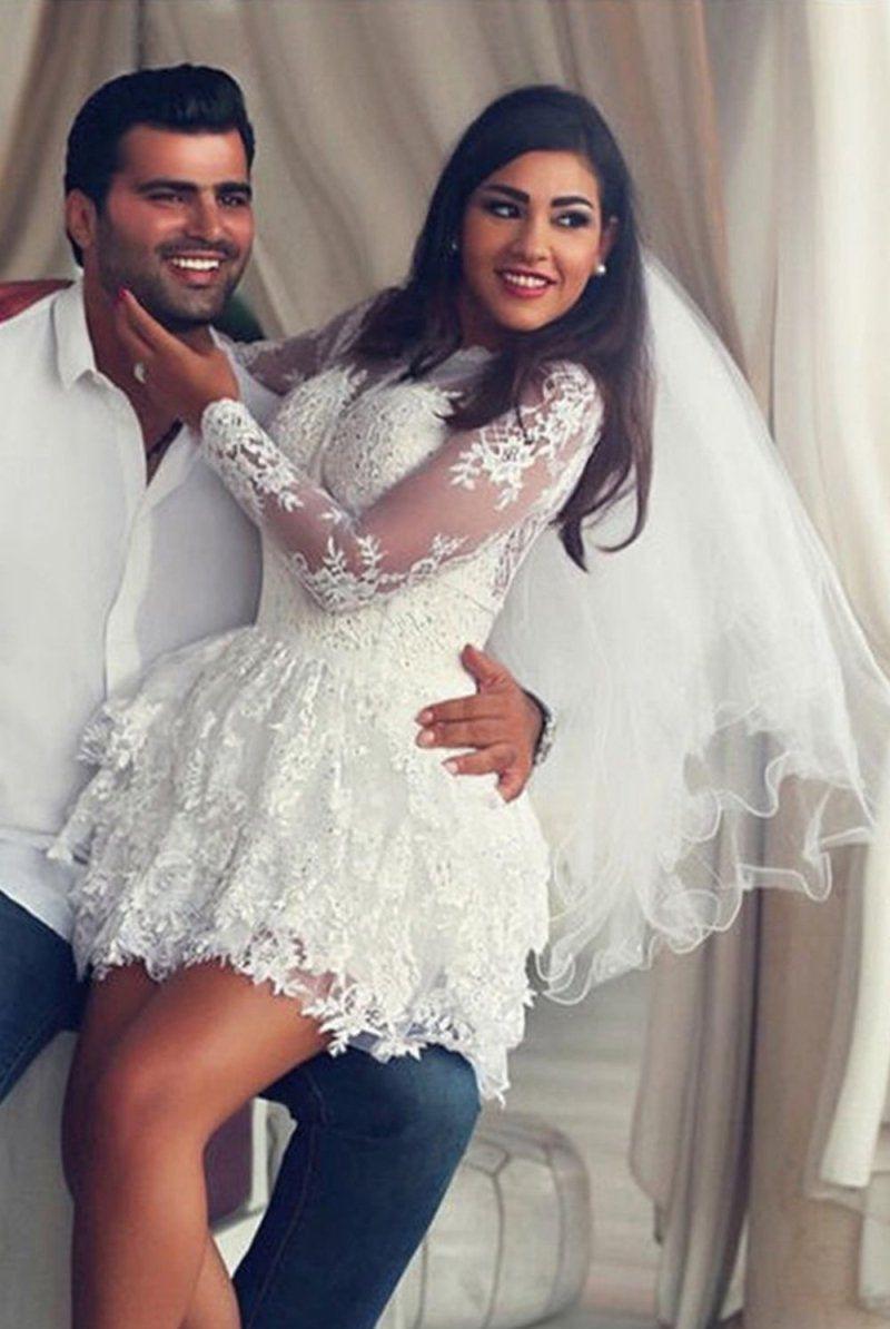 Fiorella | A-Line Scoop Lace Applique Long Sleeves Short-Mini Wedding Dresses
