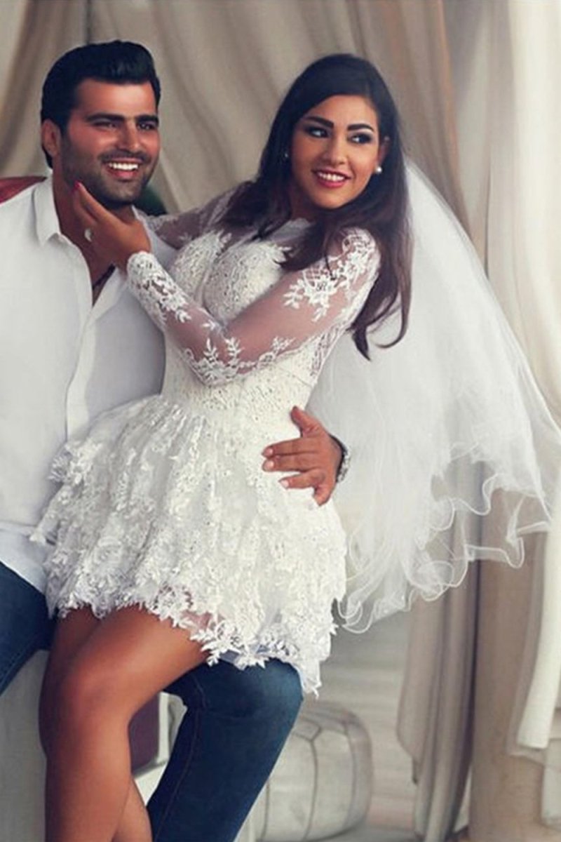 A-Line Illusion Neck Lace Applique Long Sleeves Short-Mini Wedding Dresses, Diamond White / 8