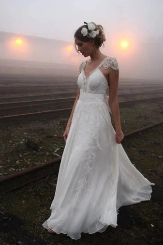 A-line Princess V-neck Floor-length Cap Sleeve Lace Chiffon Wedding Dr A-line Princess V-neck Floor-length Cap Sleeve Lace Chiffon Wedding Dr
