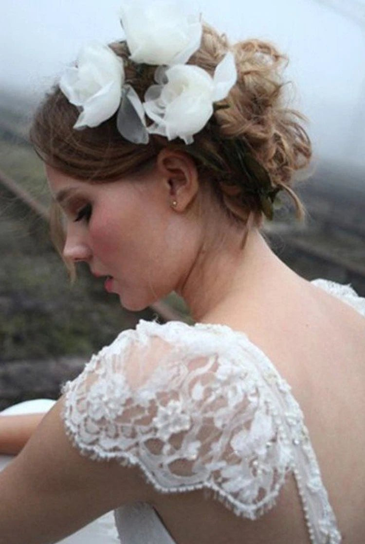 A-line Princess V-neck Floor-length Cap Sleeve Lace Chiffon Wedding Dresses