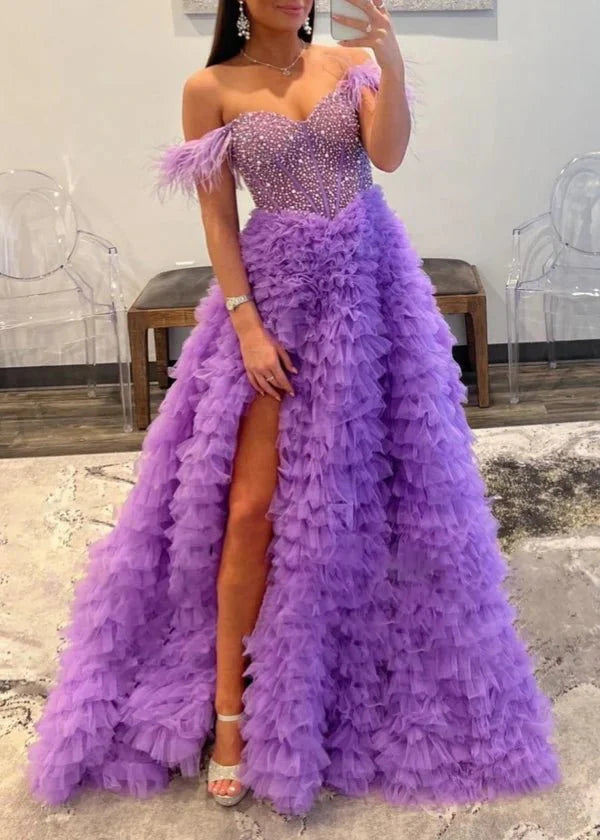 Purple Off the Shoulder A-Line Tulle Tiered Midi Dress main image 0