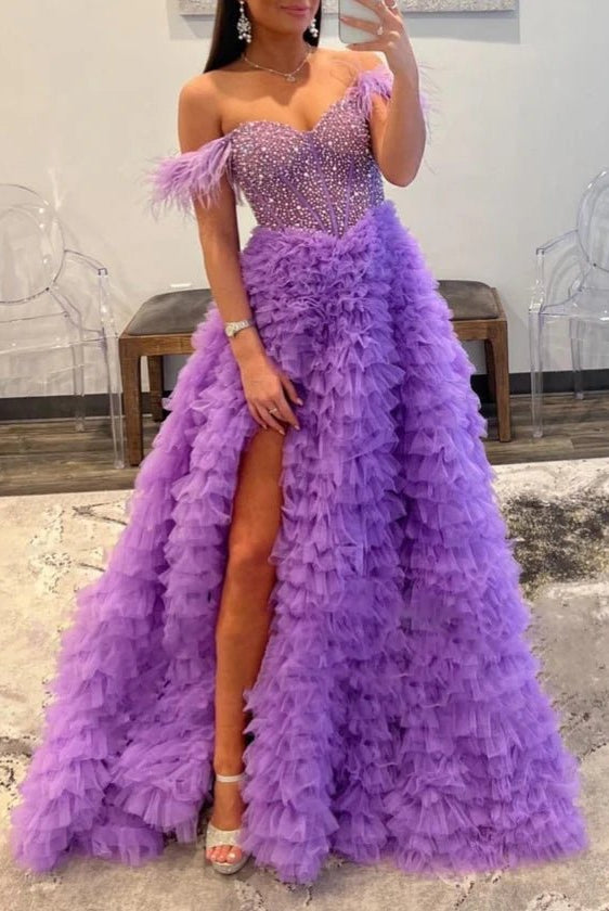 Astrid |A Line Off the Shoulder Tiered Tulle Prom Dress With Slit