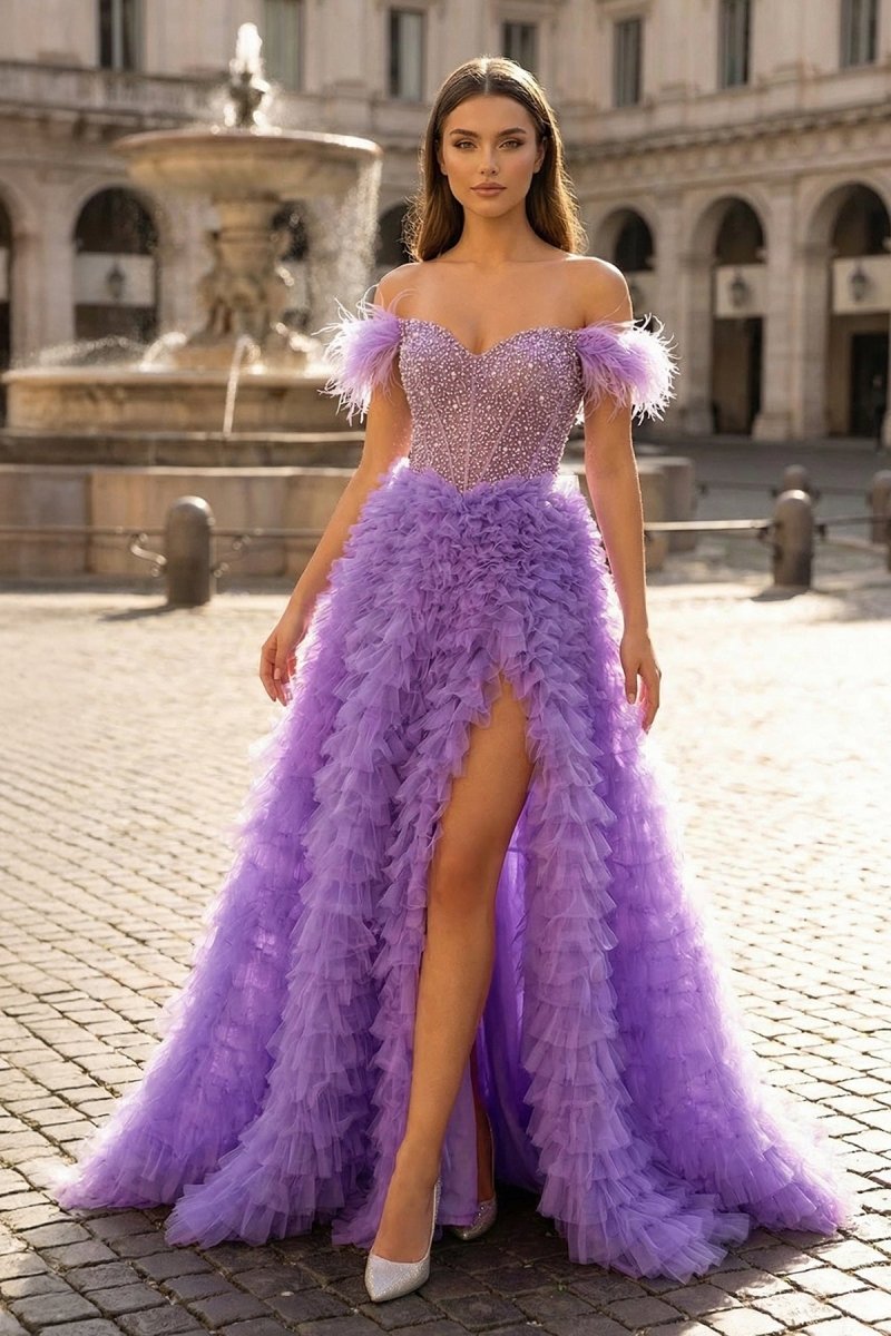 strapless open back dress Astrid Lilac A Line Off the Shoulder Tiered Tulle Prom Dress With Slit