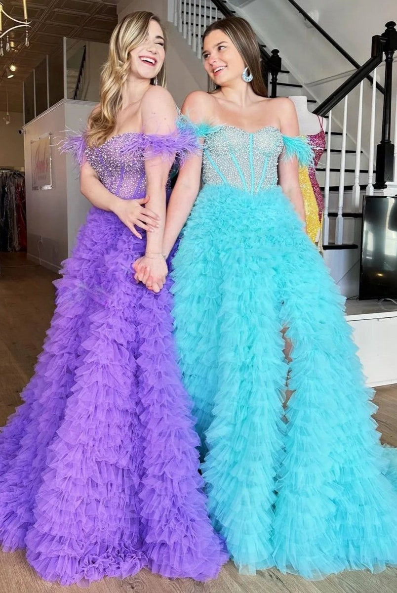 Astrid |A Line Off the Shoulder Tiered Tulle Prom Dress With Slit