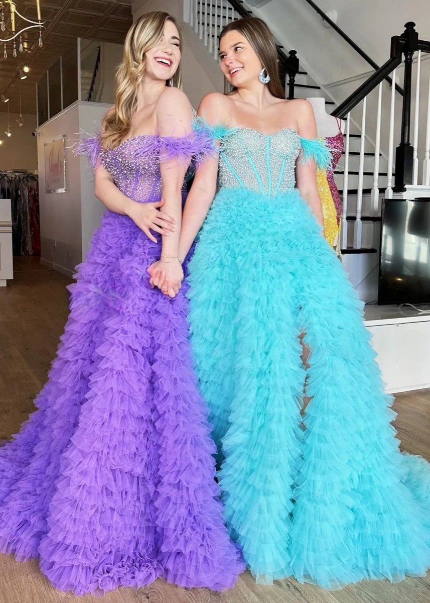 Astrid |A Line Off the Shoulder Tiered Tulle Prom Dress With Slit