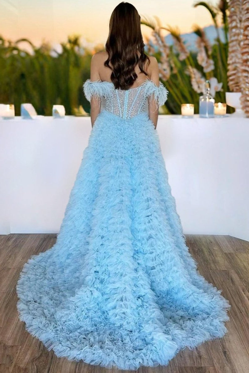 Astrid |A Line Off the Shoulder Tiered Tulle Prom Dress With Slit