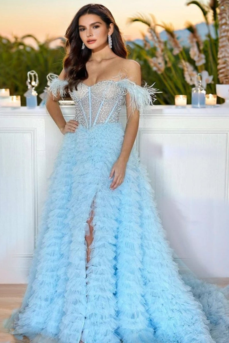 Astrid |A Line Off the Shoulder Tiered Tulle Prom Dress With Slit