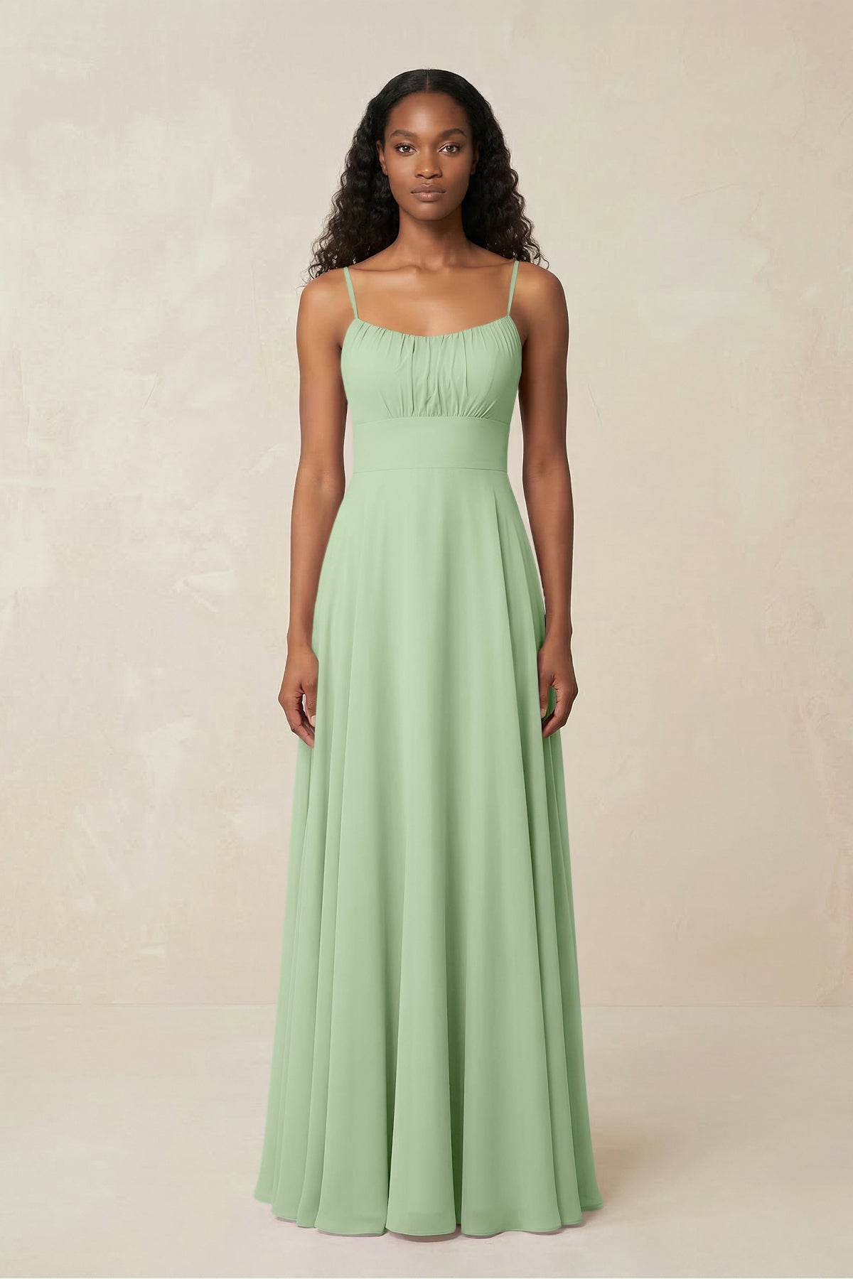 A-Line Ruched Chiffon Spaghetti Strap Bridesmaid Dress in Sage