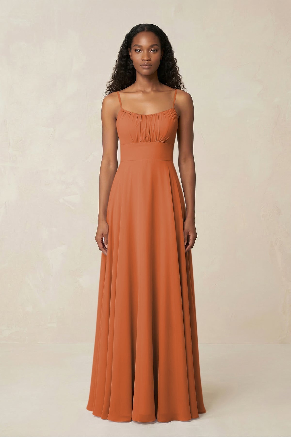 KissProm A-Line Ruched Chiffon Spaghetti Strap Bridesmaid Dress in Terracotta, Terracotta / 12
