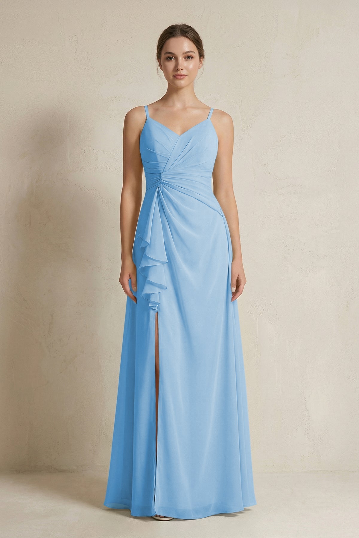 KissProm A-Line Ruffled Spaghetti Strap Chiffon Bridesmaid Dress in Steel Blue, Steel Blue / 30