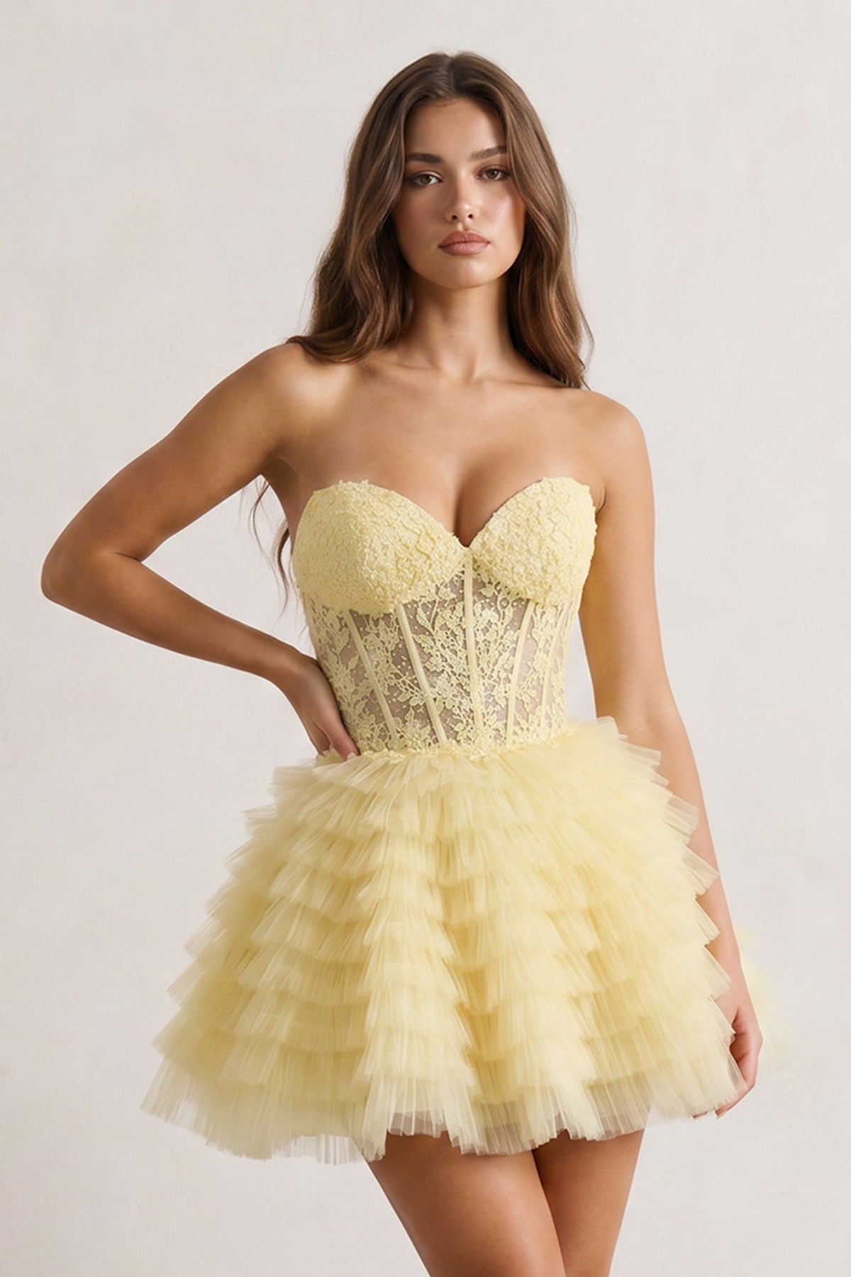 A-Line Ruffled Yellow Strapless Corset Short Homecoming Dress