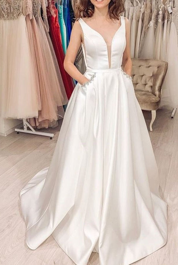 Elegant A-line Sleeveless V-Back Satin Bridal Dresses with Pockets