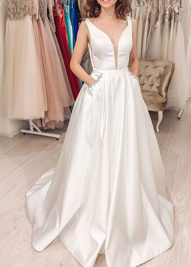 Elegant A-line Sleeveless V-Back Satin Bridal Dresses with Pockets ...