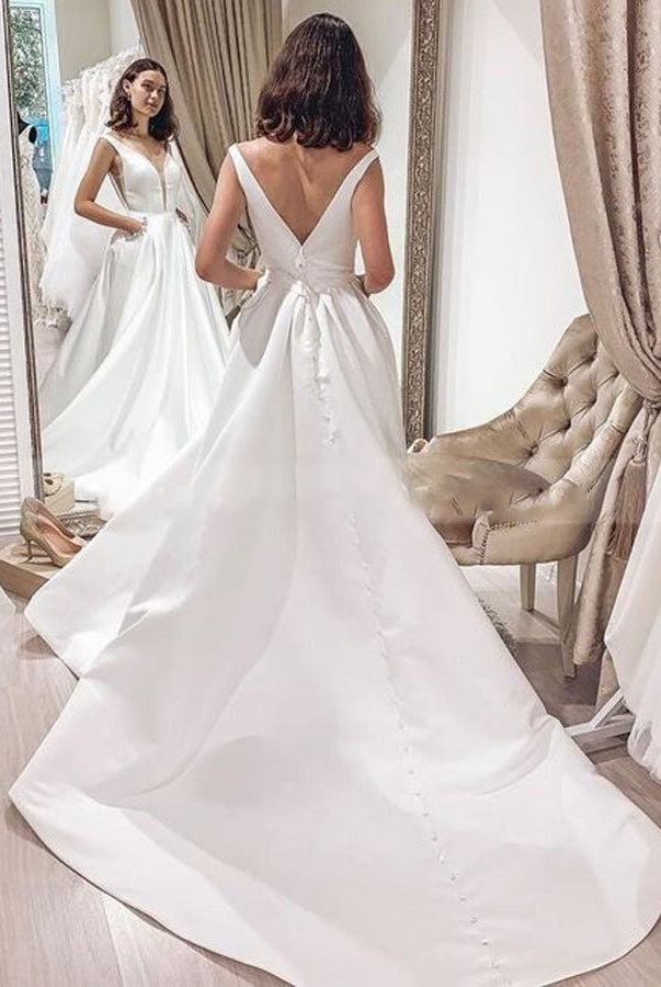 Elegant A-line Sleeveless V-Back Satin Bridal Dresses with Pockets