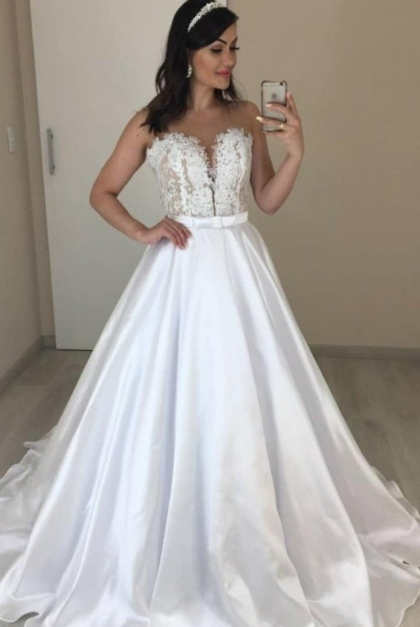 A-line Sleeveless Sweetheart Satin Bride Wedding Dresses with Appliques