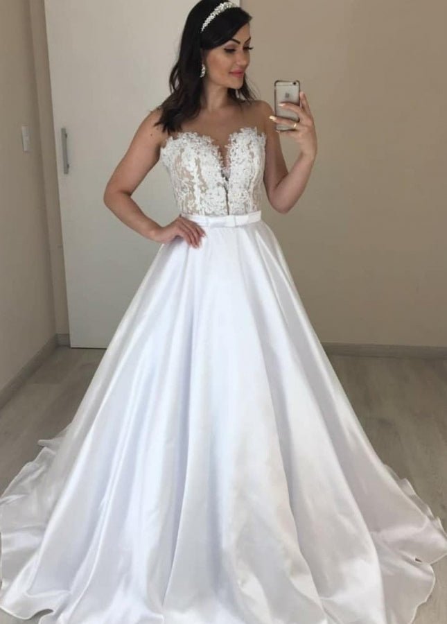 Glamorous Off-the-Shoulder Beaded Bodice Satin A-Line Wedding Dress DP7835