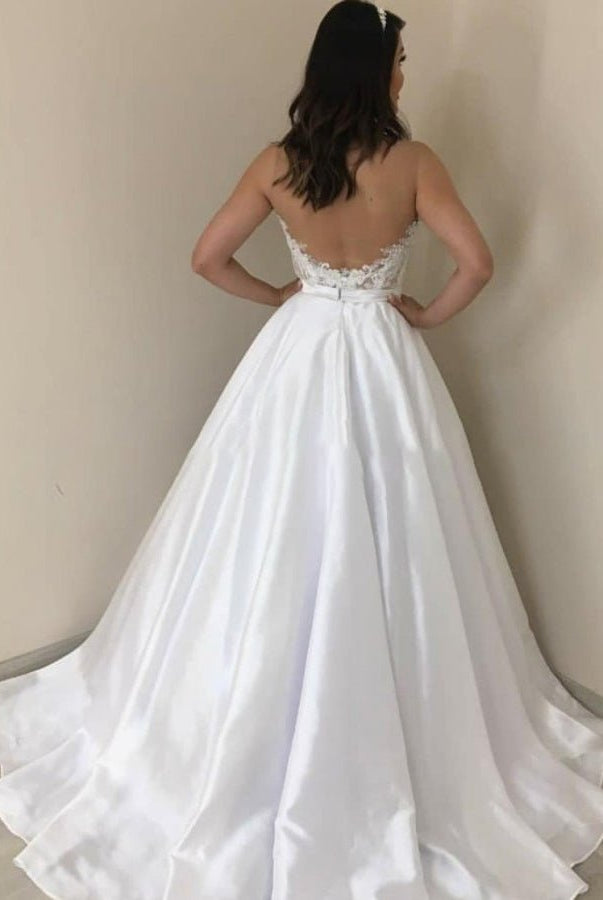 A-line Sleeveless Sweetheart Satin Bride Wedding Dresses with Appliques