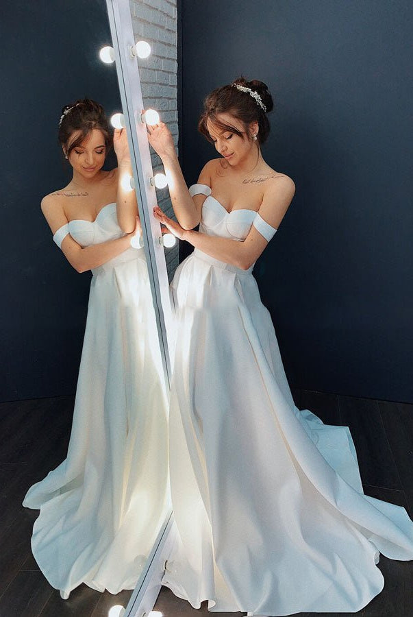 Ginevra | A-line Off-the-Shoulder Sleeveless Satin Simple Bride Wedding Dress