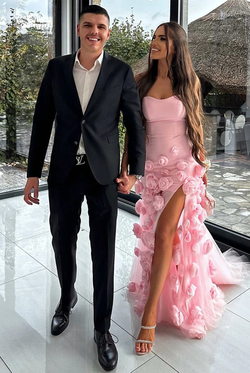 KissProm-A Line Sexy Sweetheart Sleeveless Pink Slit Flowers Prom Dress
