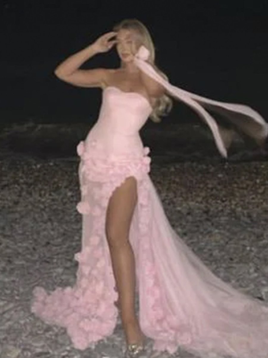 KissProm-A Line Sexy Sweetheart Sleeveless Pink Slit Flowers Prom Dress