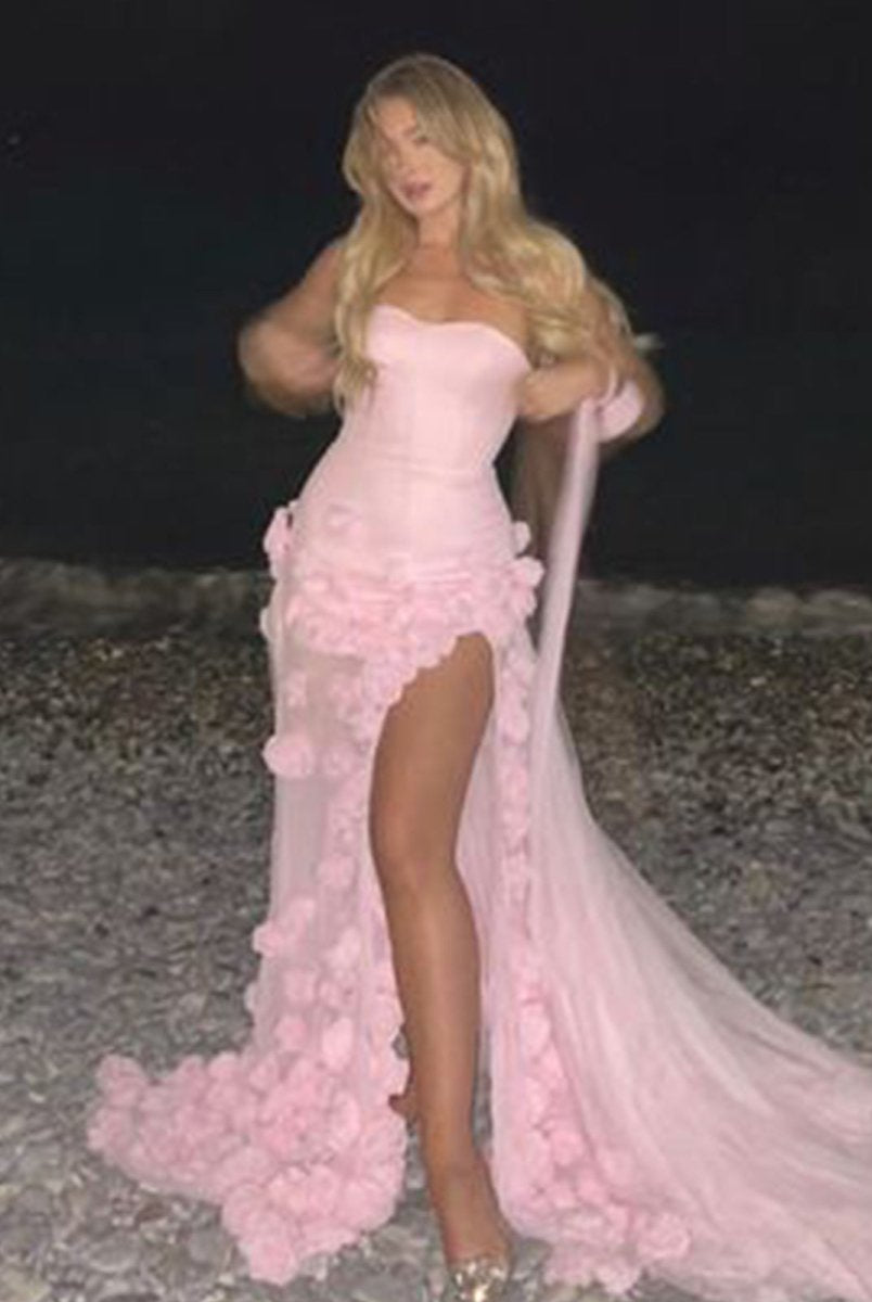 KissProm-A Line Sexy Sweetheart Sleeveless Pink Slit Flowers Prom Dress