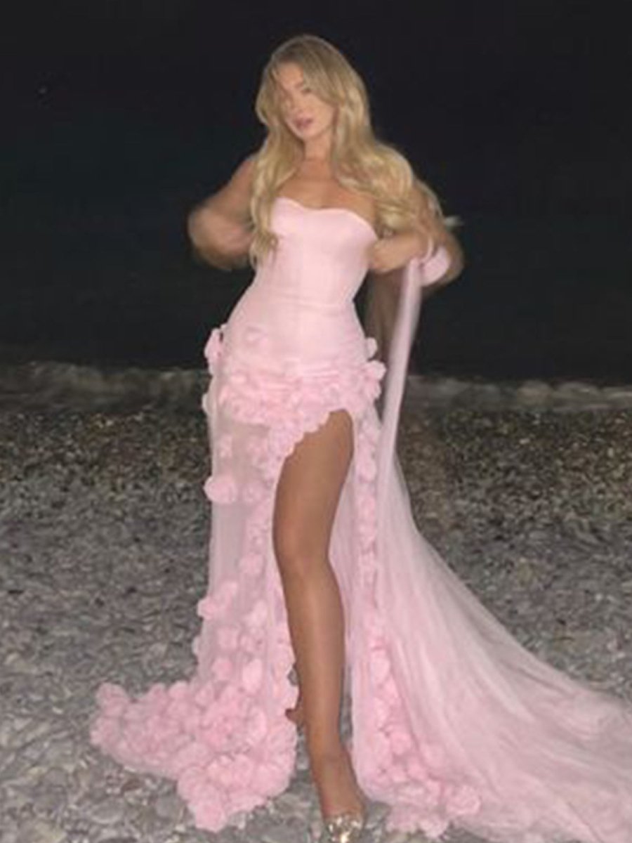 KissProm-A Line Sexy Sweetheart Sleeveless Pink Slit Flowers Prom Dress