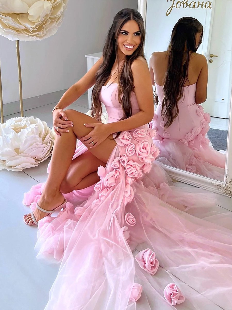 KissProm-A Line Sexy Sweetheart Sleeveless Pink Slit Flowers Prom Dress