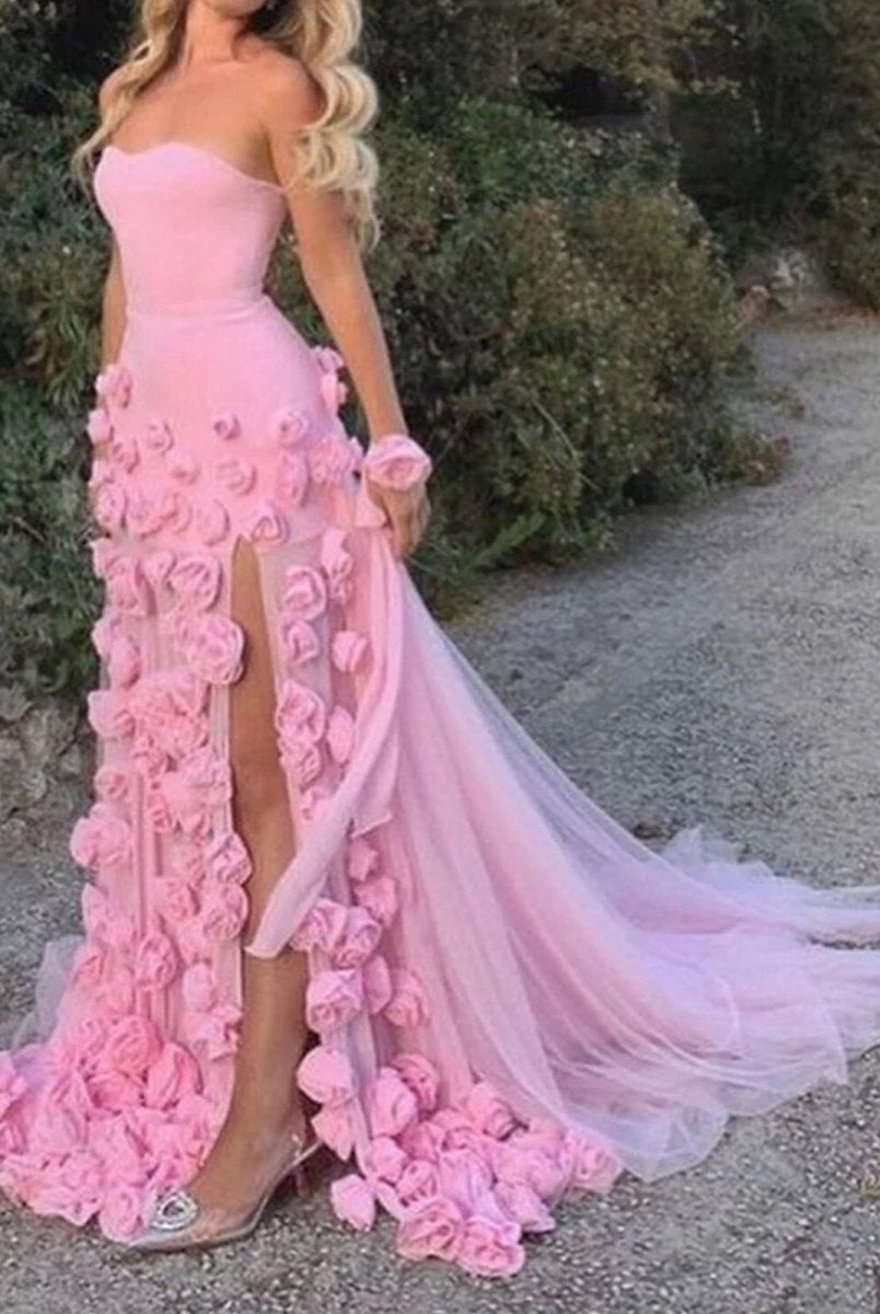 KissProm-A Line Sexy Sweetheart Sleeveless Pink Slit Flowers Prom Dress