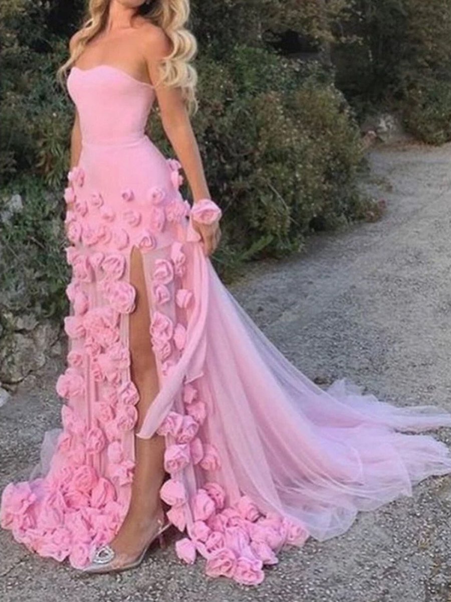 KissProm-A Line Sexy Sweetheart Sleeveless Pink Slit Flowers Prom Dress
