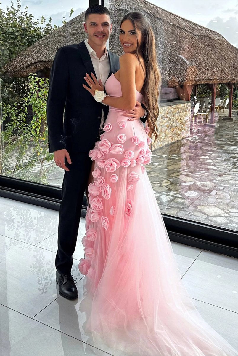 KissProm-A Line Sexy Sweetheart Sleeveless Pink Slit Flowers Prom Dress