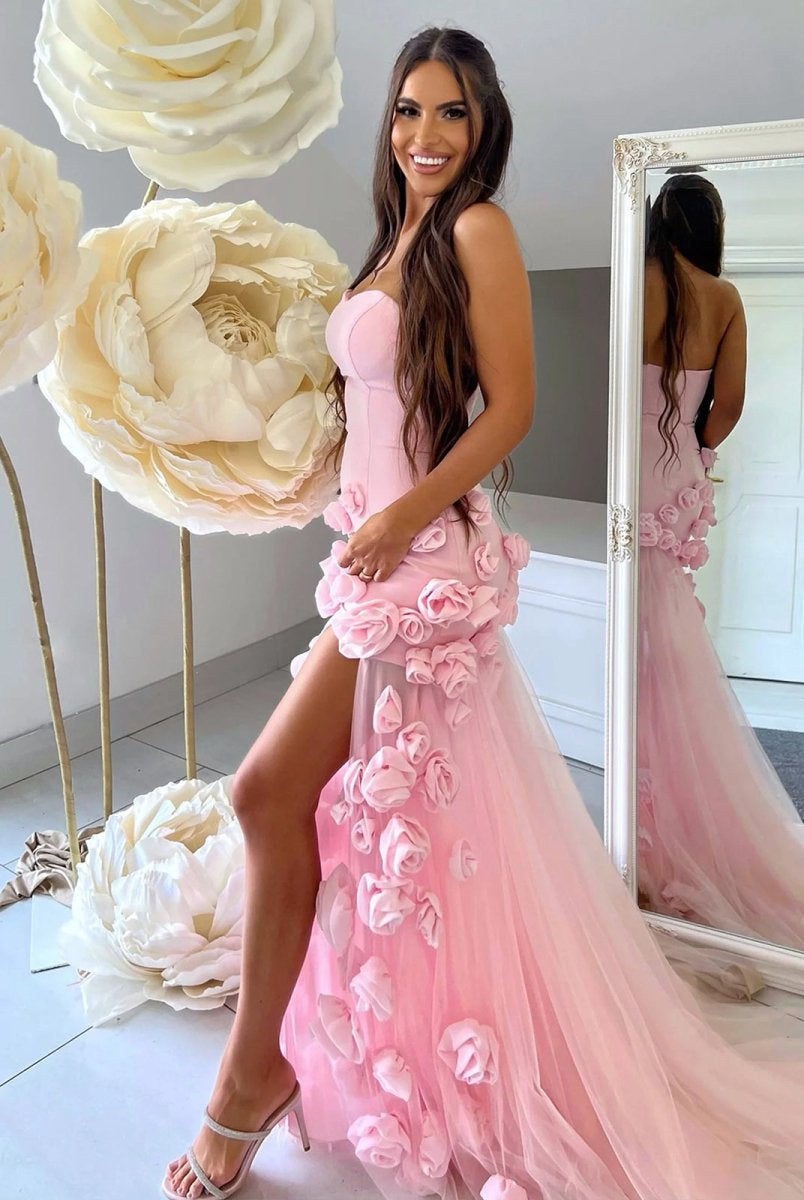KissProm-A Line Sexy Sweetheart Sleeveless Pink Slit Flowers Prom Dress