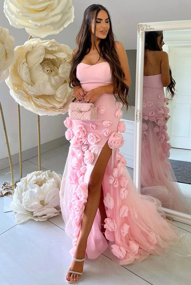 KissProm-A Line Sexy Sweetheart Sleeveless Pink Slit Flowers Prom Dress