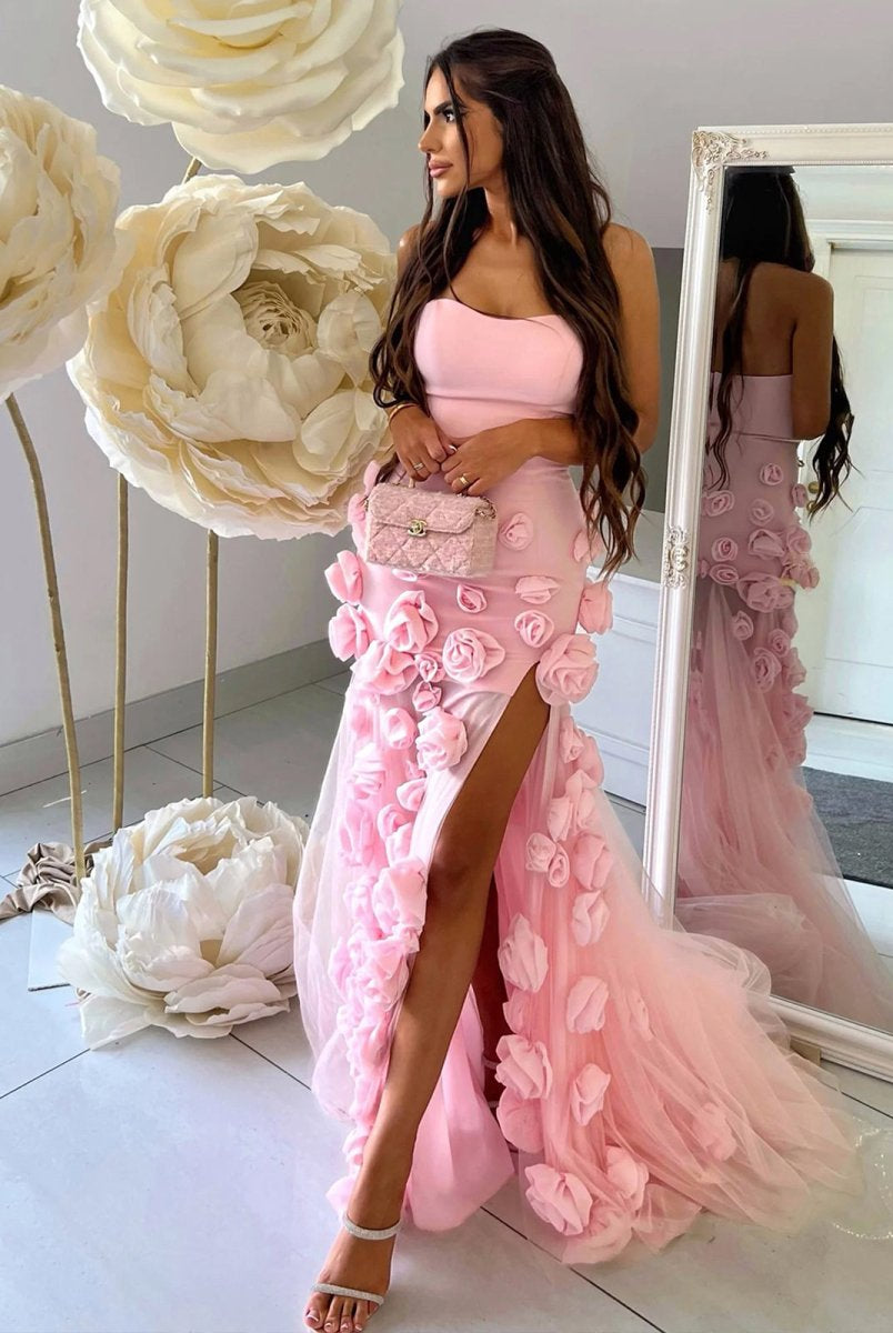 KissProm-A Line Sexy Sweetheart Sleeveless Pink Slit Flowers Prom Dress