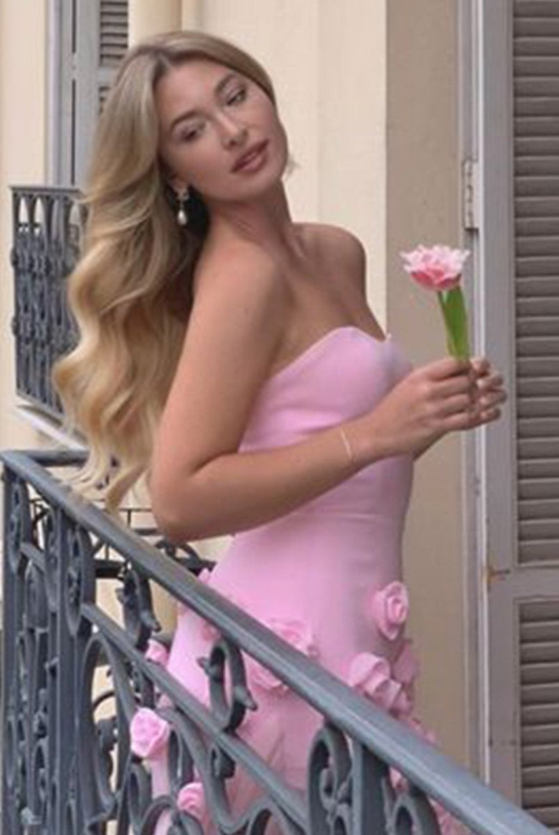 KissProm-A Line Sexy Sweetheart Sleeveless Pink Slit Flowers Prom Dress