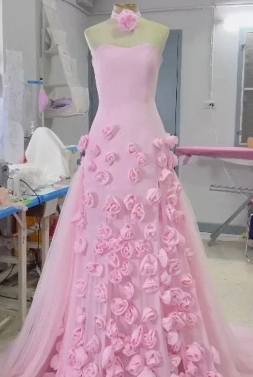 KissProm-A Line Sexy Sweetheart Sleeveless Pink Slit Flowers Prom Dress