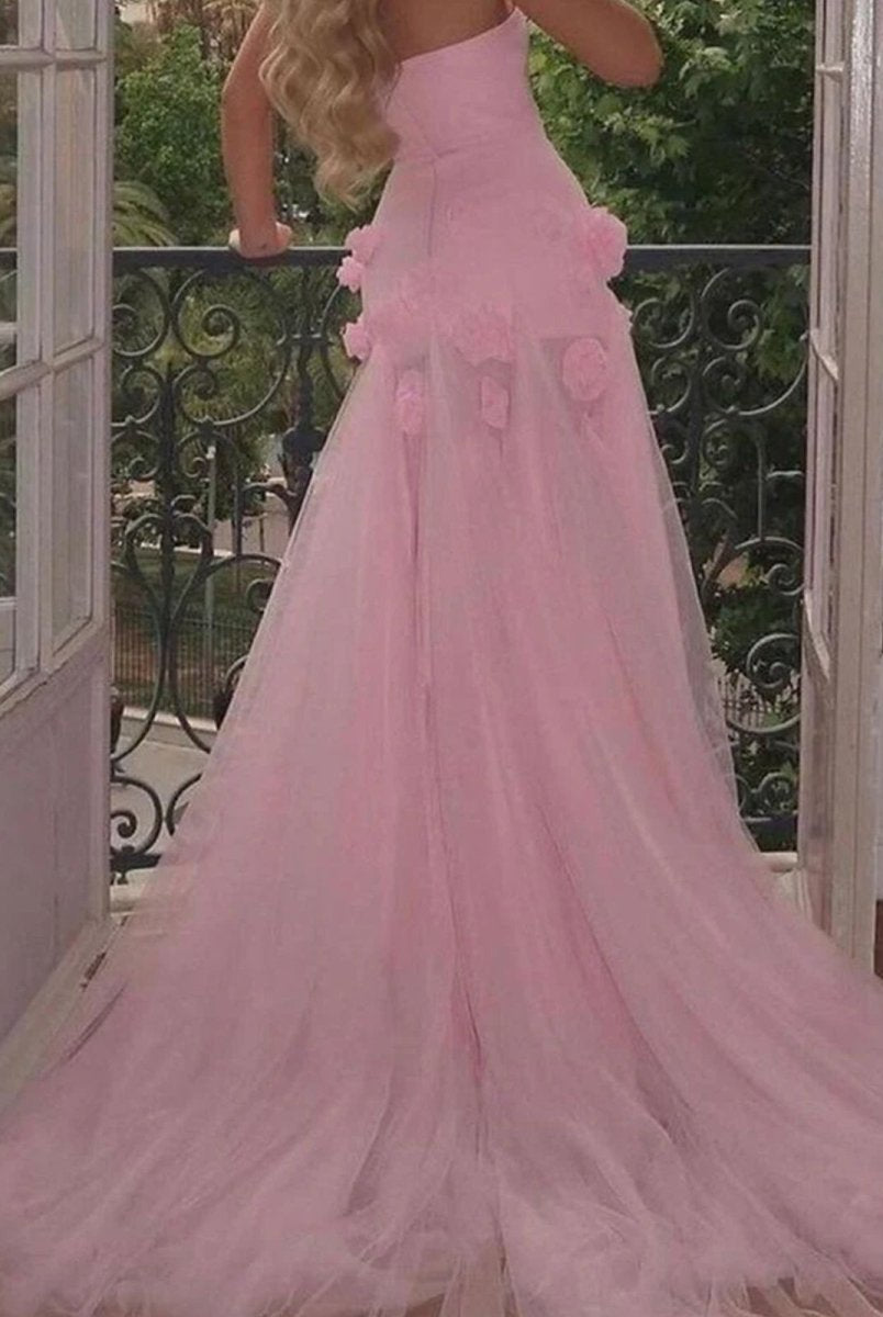 KissProm-A Line Sexy Sweetheart Sleeveless Pink Slit Flowers Prom Dress