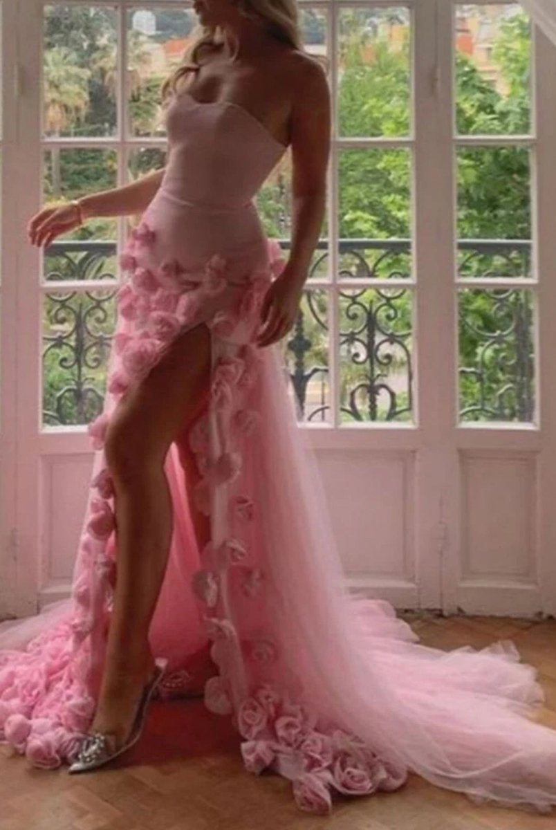 KissProm-A Line Sexy Sweetheart Sleeveless Pink Slit Flowers Prom Dress