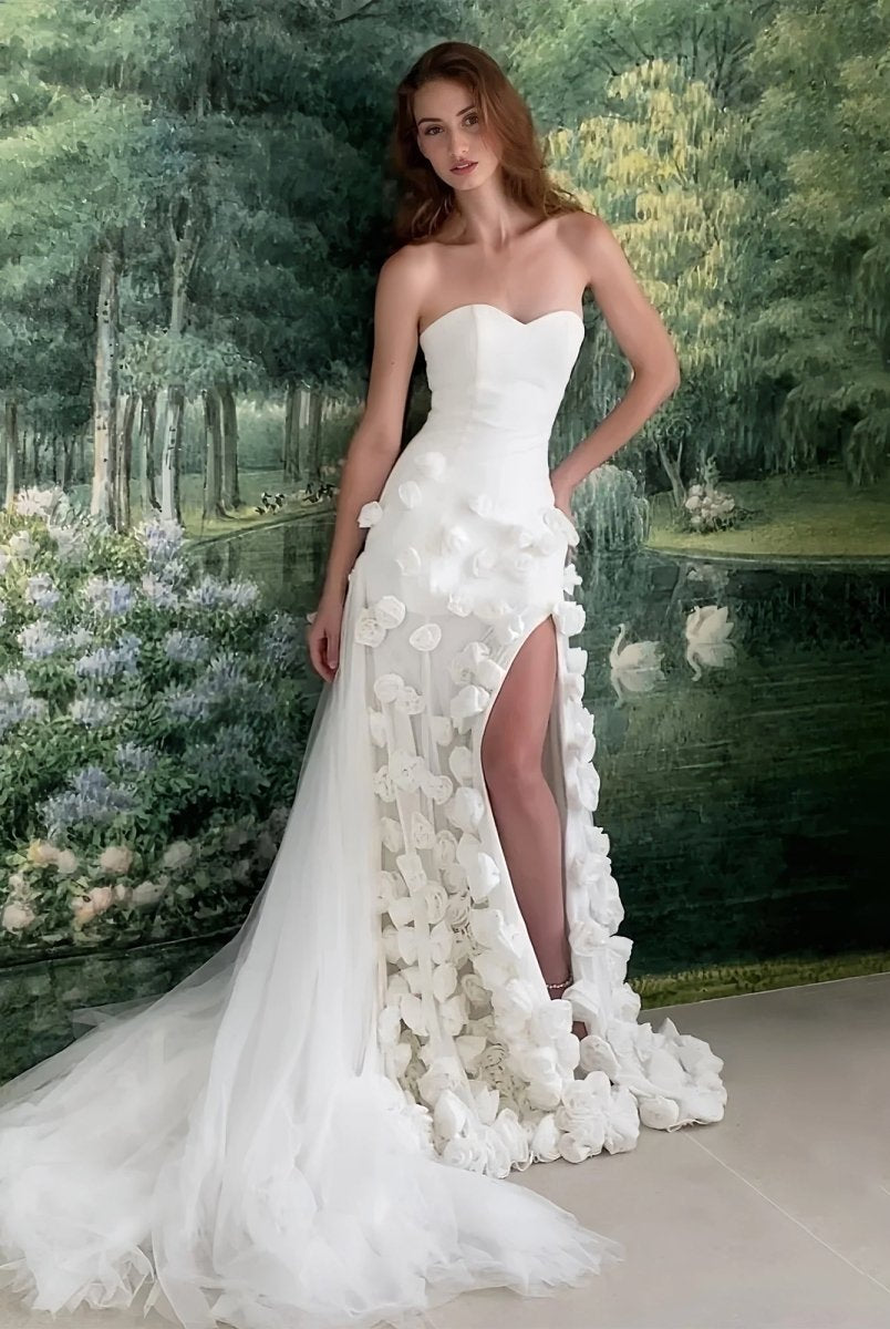 KissProm-A Line Sexy Sweetheart Sleeveless White Slit Flowers Prom Dress