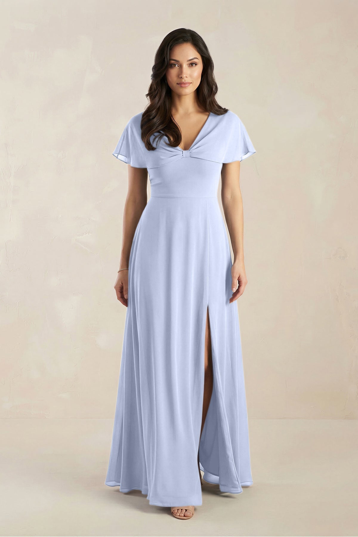KissProm | Short Sleeve Chiffon V-Neck A-Line Bridesmaid Dress in Ice