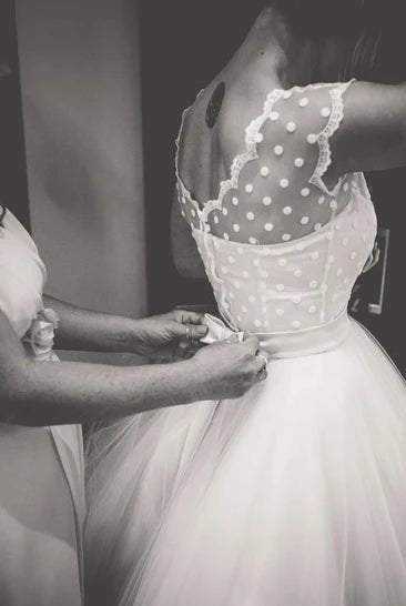 A-Line Short Sleeveless Bell Cap Bat Ribbon Zipper Tulle Lace Dress