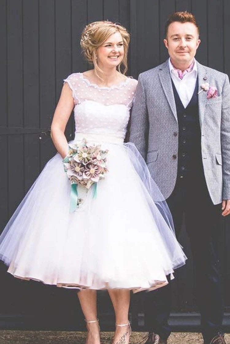 A-Line Short Sleeveless Bell Cap Bat Ribbon Zipper Tulle Lace Dress