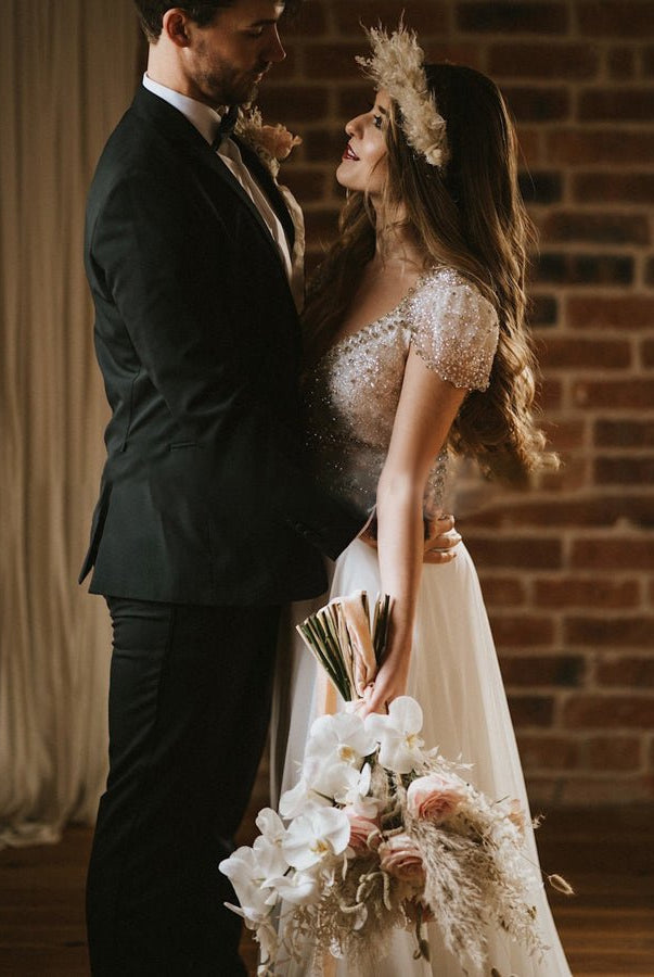 A Line Short Sleeves V Neck Wedding Dresses - KissProm